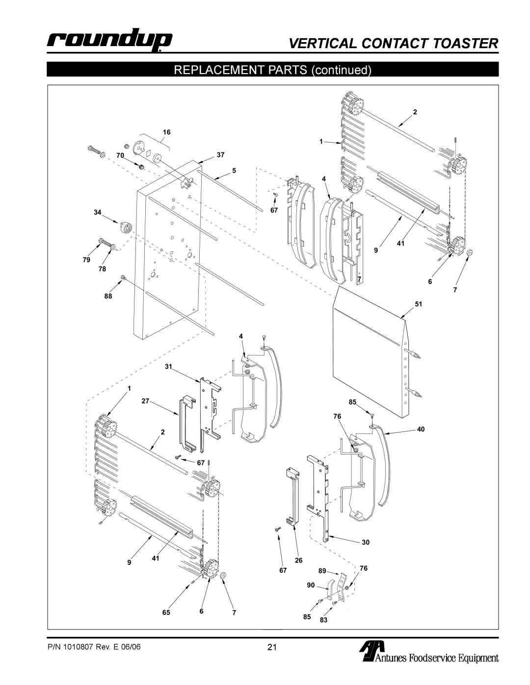 Antunes, AJ VCT-1000 owner manual Vertical Contact Toaster, REPLACEMENT PARTS continued, P/N 1010807 Rev. E 06/06 