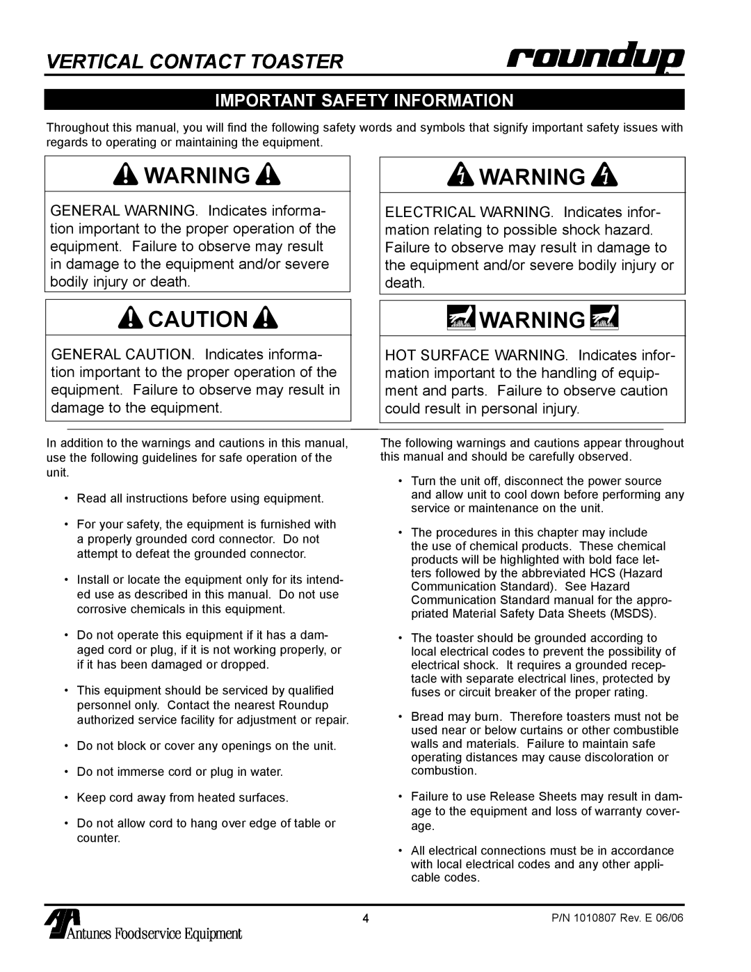 Antunes, AJ VCT-1000 owner manual Important Safety Information, Vertical Contact Toaster 