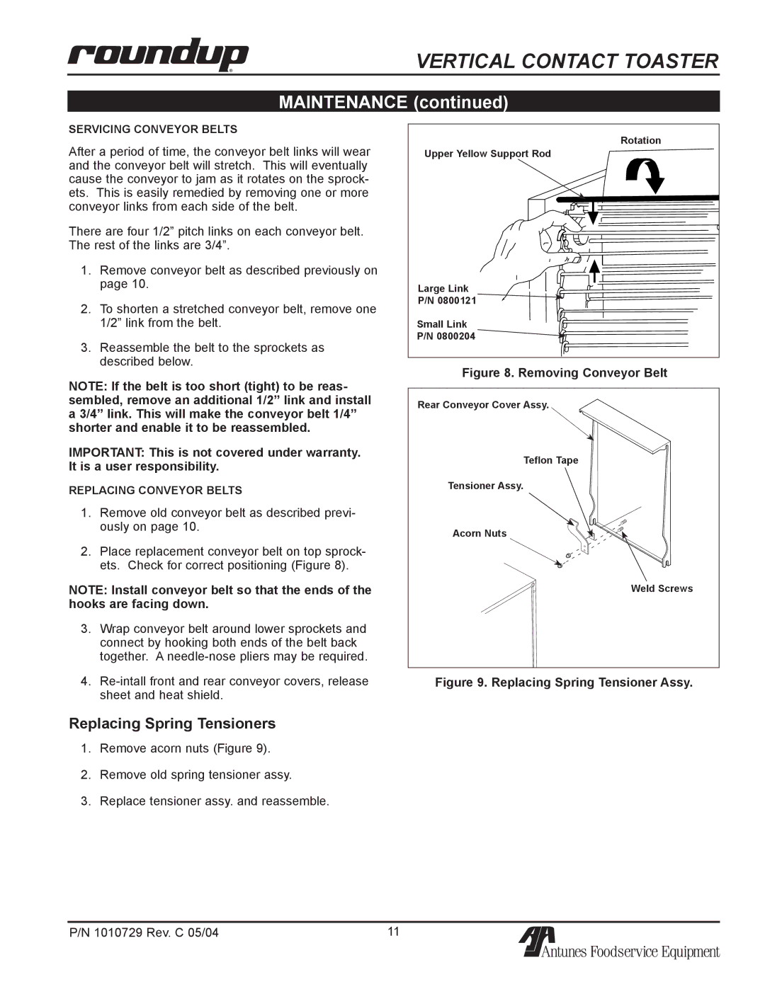 Antunes, AJ VCT-25, VCT-20, VCT-50 owner manual Maintenance, Replacing Spring Tensioners 