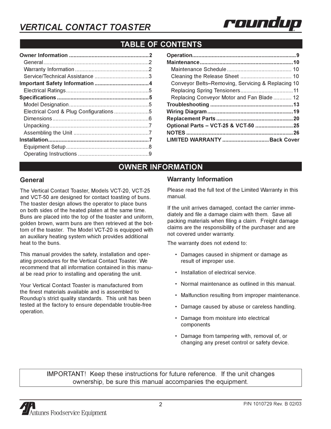 Antunes, AJ VCT-25, VCT-20, VCT-50 owner manual Table of Contents, Owner Information 