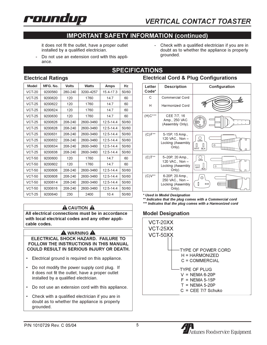 Antunes, AJ VCT-25 Important Safety Information, Specifications, Electrical Ratings, Electrical Cord & Plug Configurations 