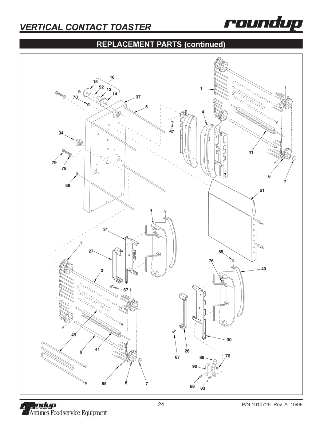 Antunes, AJ VCT-20, VCT-50, VCT-25 owner manual Vertical Contact Toaster, REPLACEMENT PARTS continued, Rev. A 10/99 