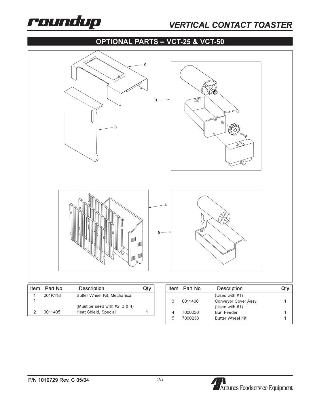 Antunes, AJ VCT-20 owner manual Vertical Contact Toaster, OPTIONAL PARTS - VCT-25 & VCT-50 