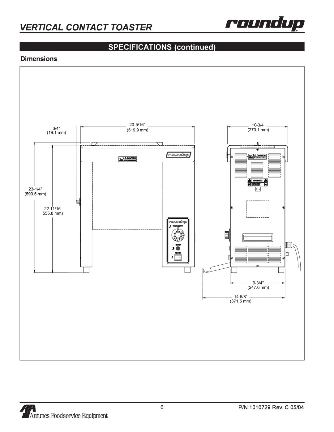 Antunes, AJ VCT-20, VCT-50, VCT-25 owner manual SPECIFICATIONS continued, Vertical Contact Toaster, Dimensions 