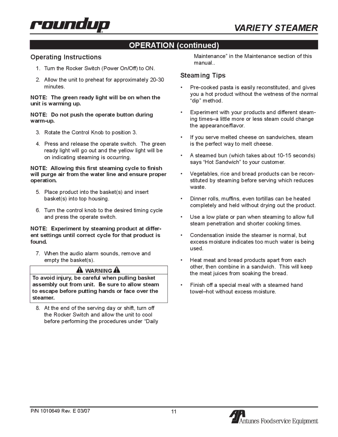 Antunes, AJ VS-200aSb owner manual Operating Instructions, Steaming Tips 