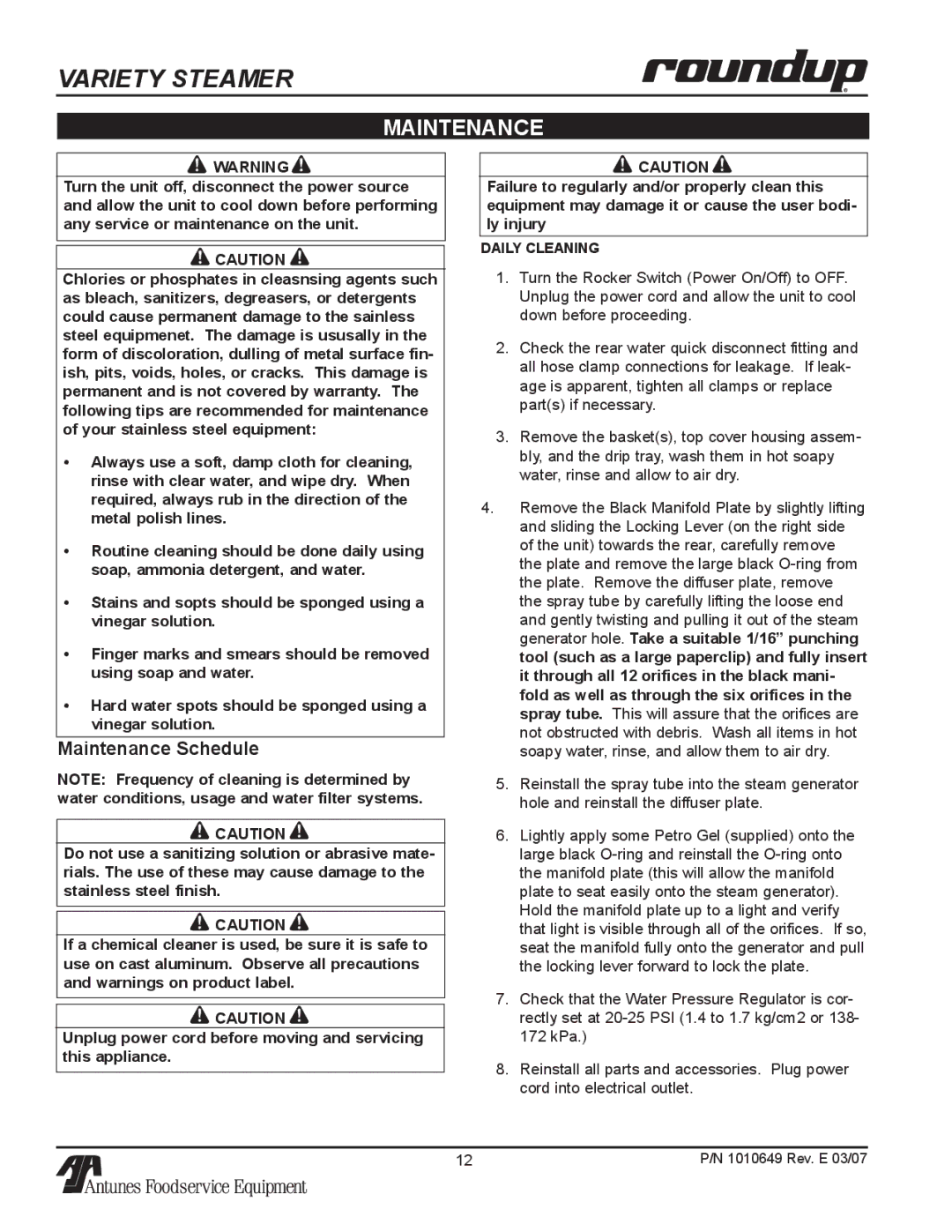 Antunes, AJ VS-200aSb owner manual Maintenance Schedule 