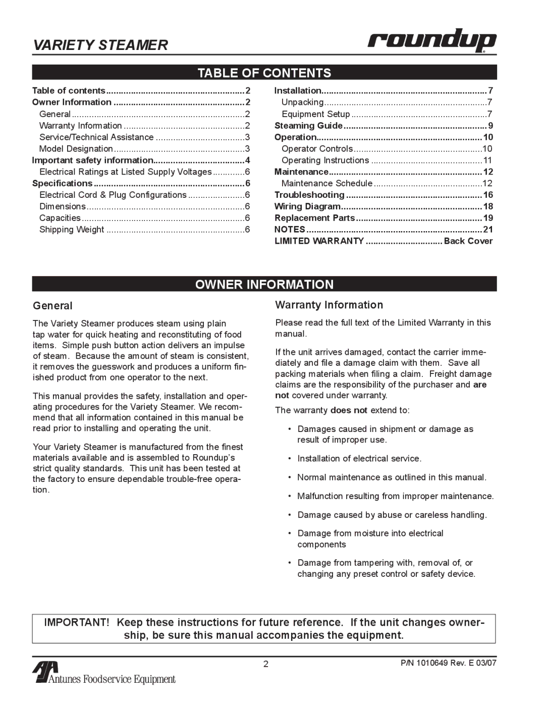 Antunes, AJ VS-200aSb owner manual Table of contents, Owner Information 