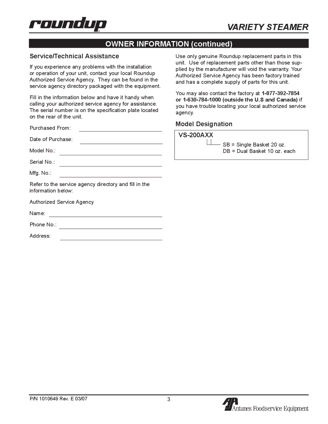 Antunes, AJ VS-200aSb owner manual Service/Technical Assistance, Model Designation 