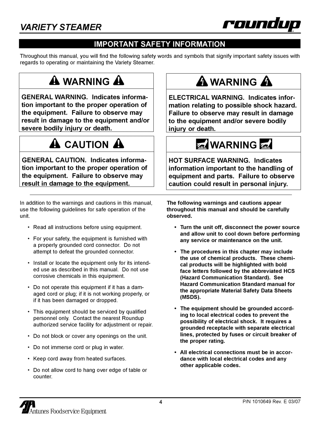 Antunes, AJ VS-200aSb owner manual Important safety information 