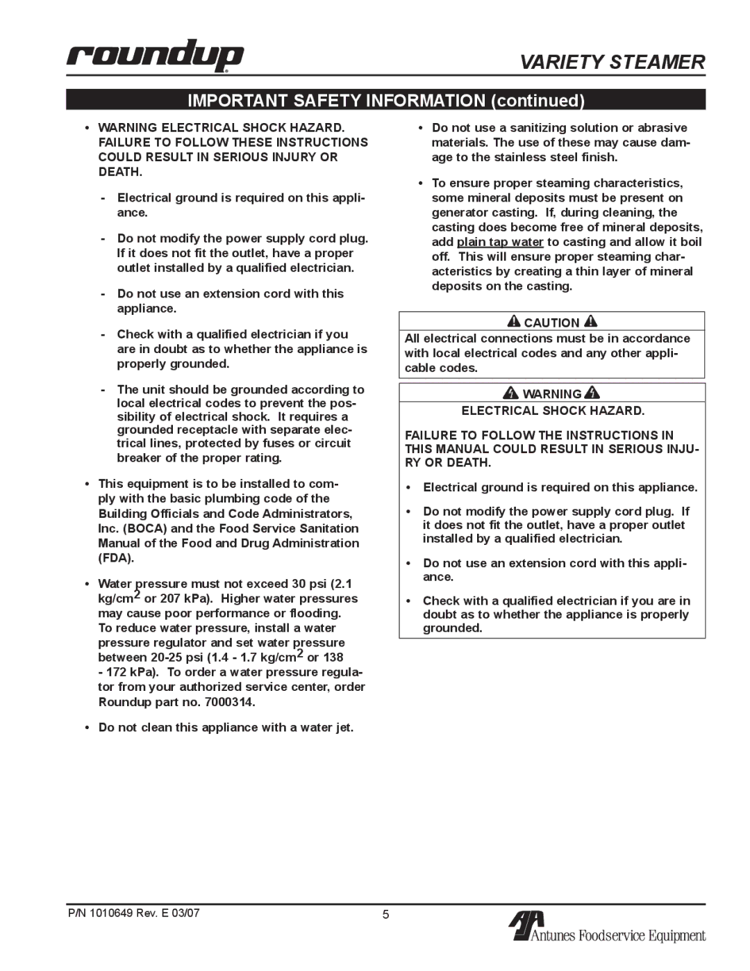 Antunes, AJ VS-200aSb owner manual Electrical Shock Hazard 