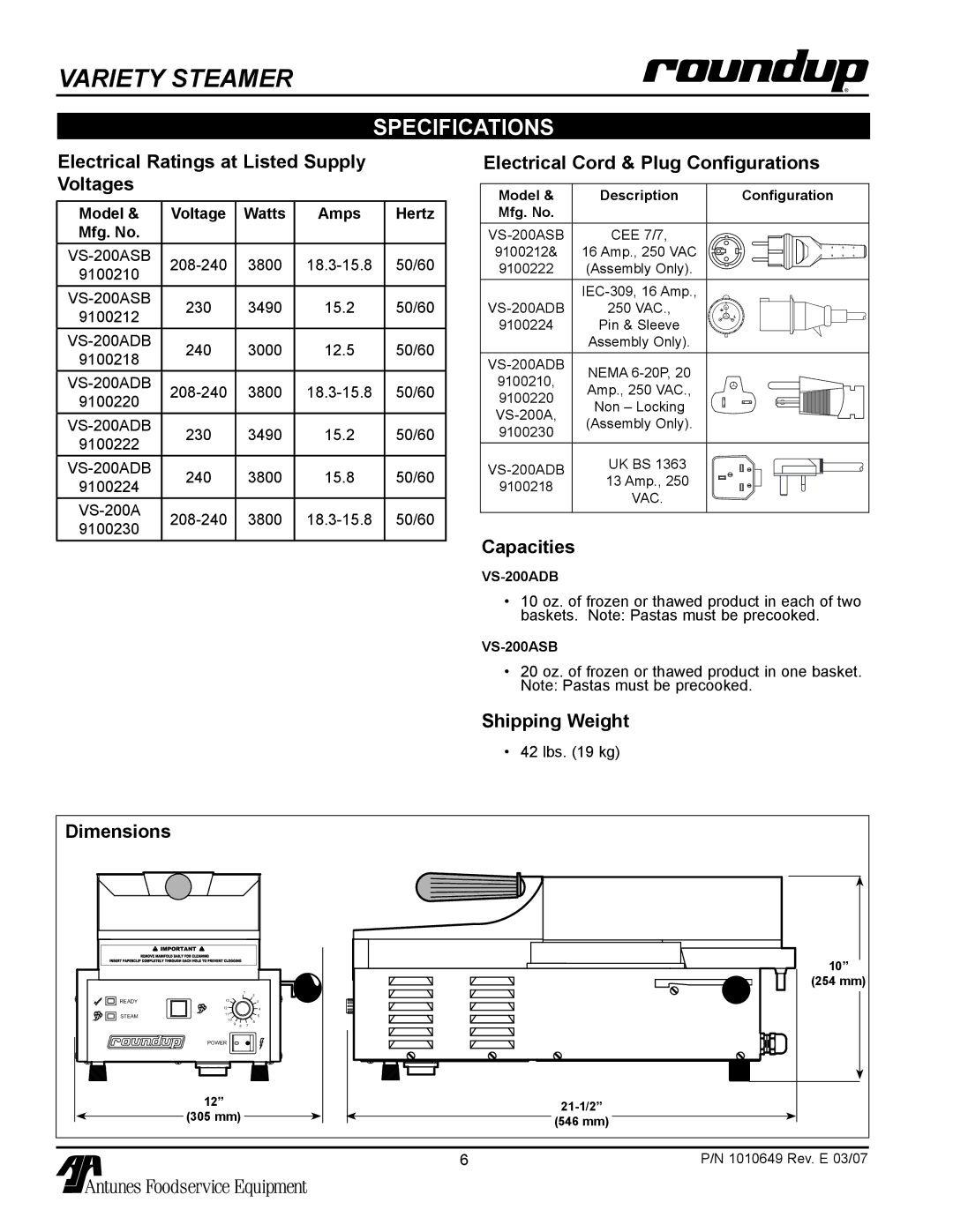 Antunes, AJ VS-200aSb owner manual Specifications 