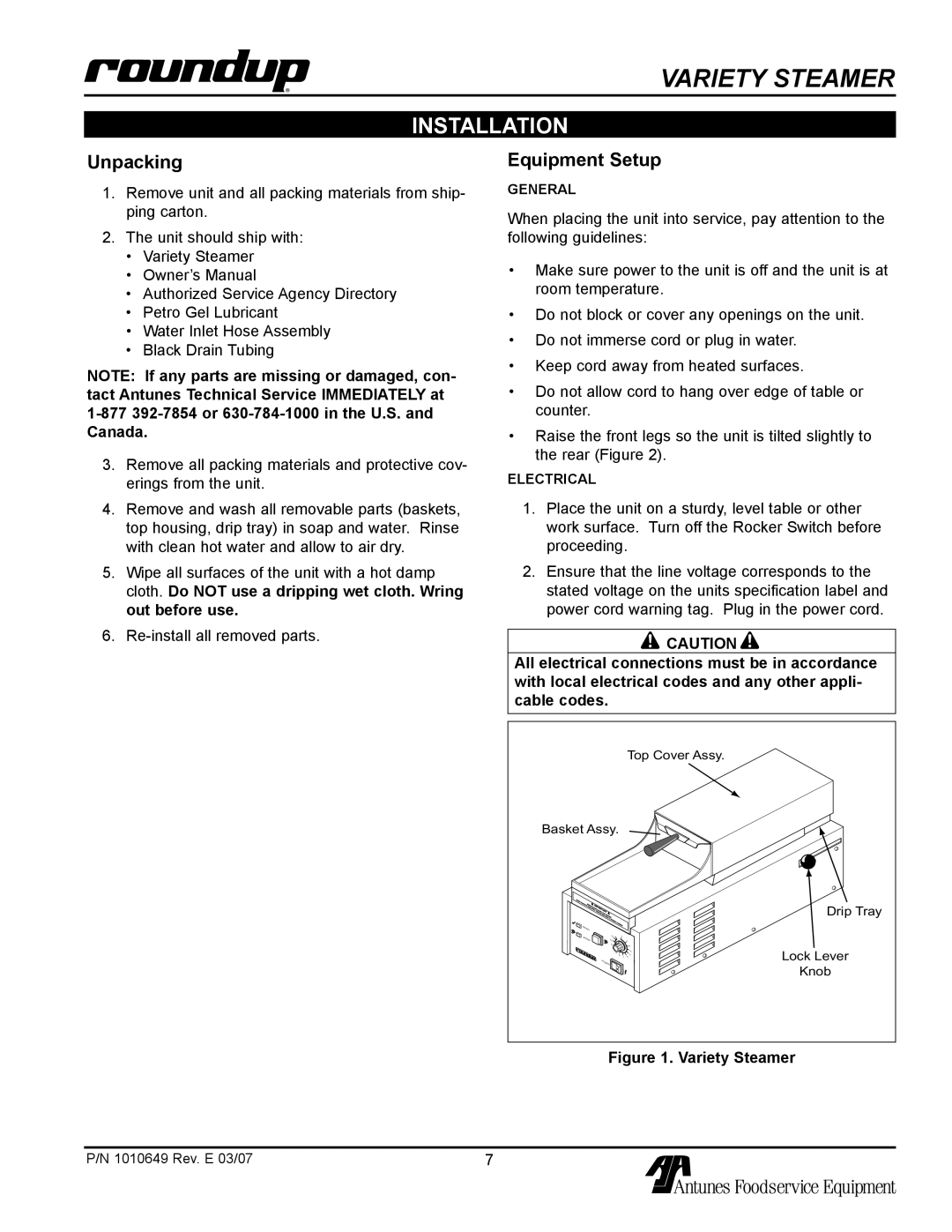 Antunes, AJ VS-200aSb owner manual Installation, Unpacking, Equipment Setup 