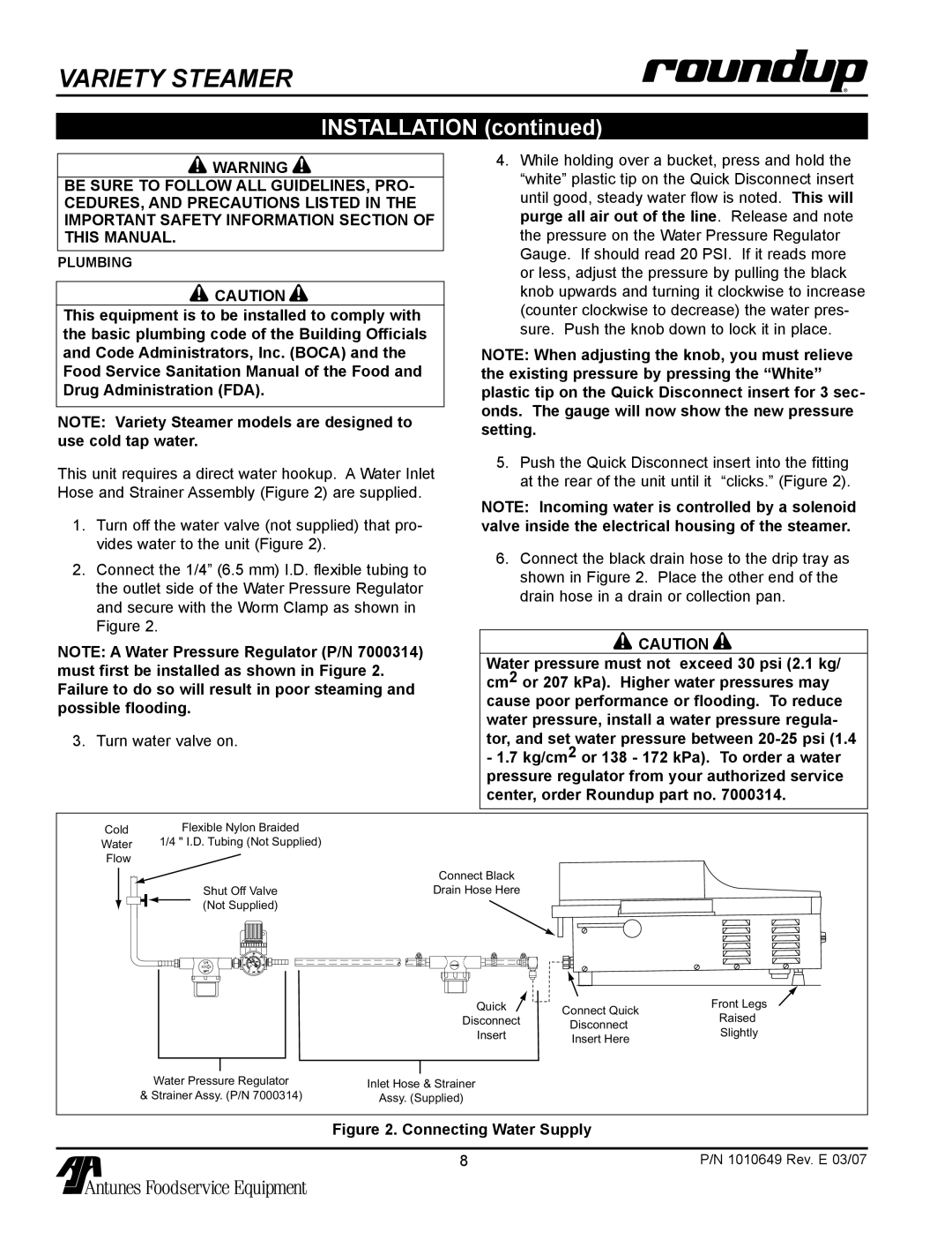 Antunes, AJ VS-200aSb owner manual Connecting Water Supply 