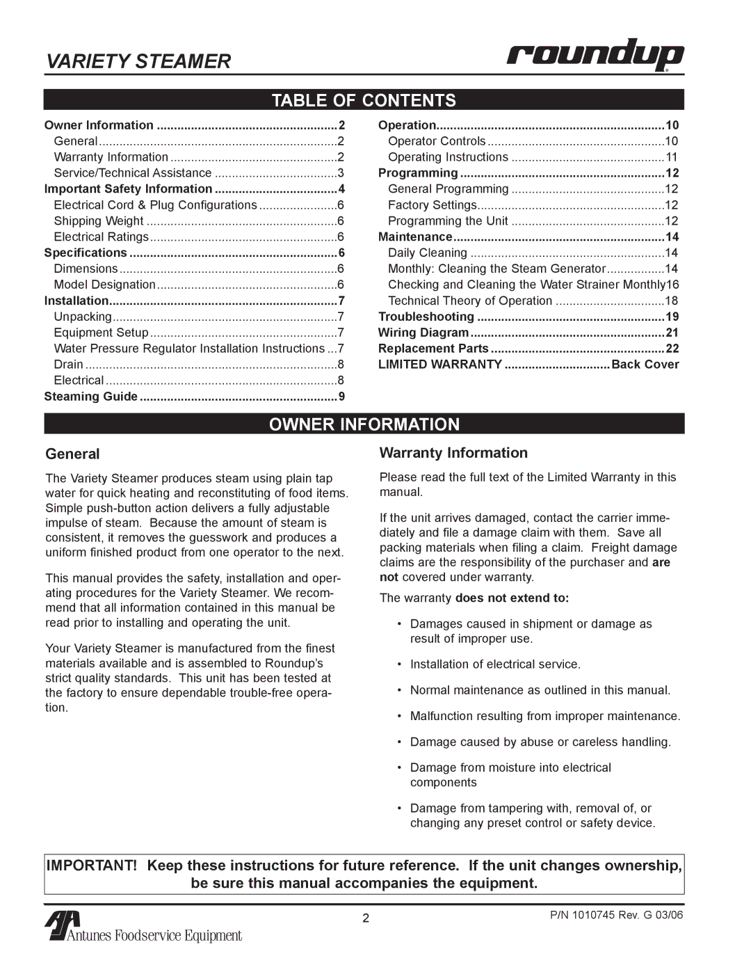 Antunes, AJ VS-350 owner manual Table of contents, Owner Information 