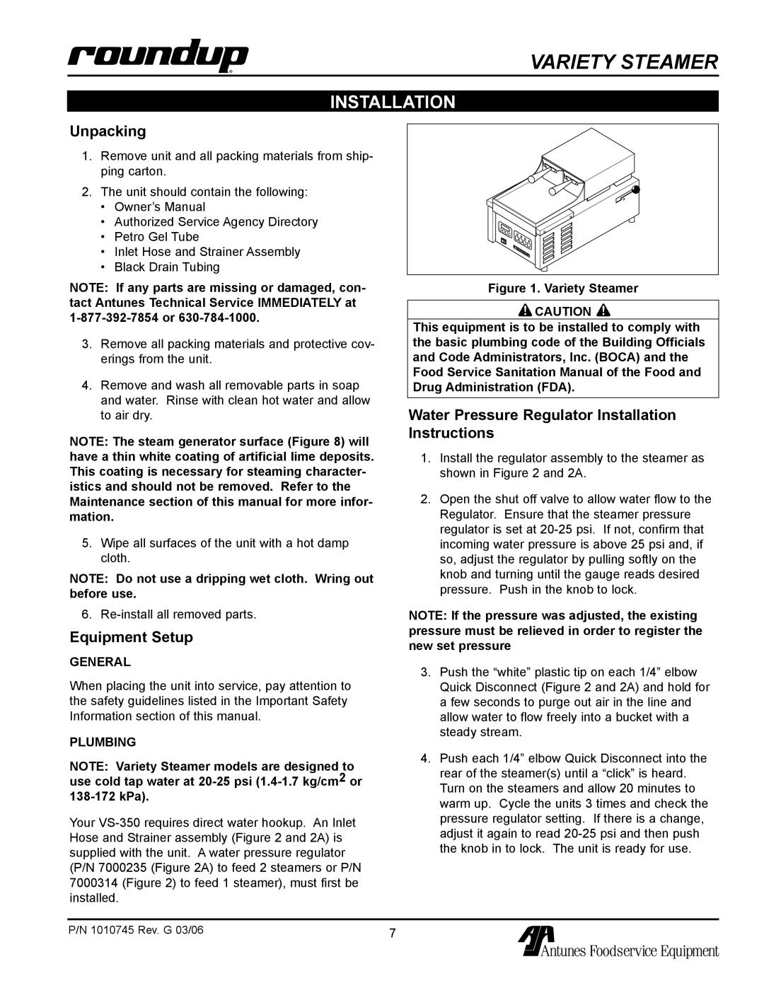 Antunes, AJ VS-350 owner manual Unpacking, Equipment Setup, Water Pressure Regulator Installation Instructions 