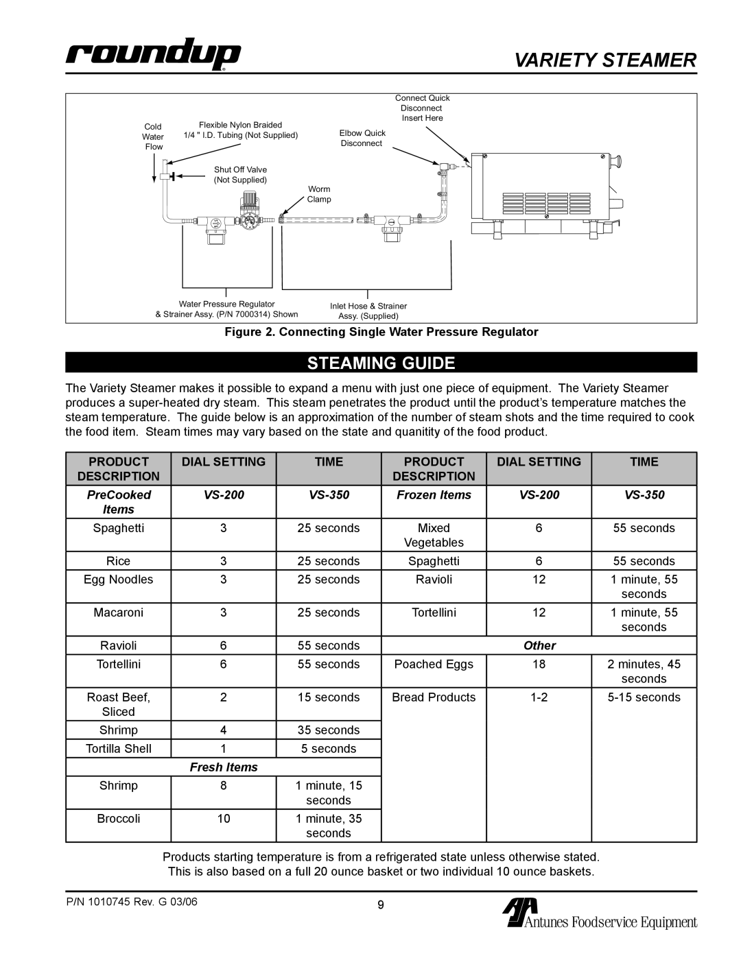 Antunes, AJ VS-350 owner manual Steaming Guide, Connecting Single Water Pressure Regulator 