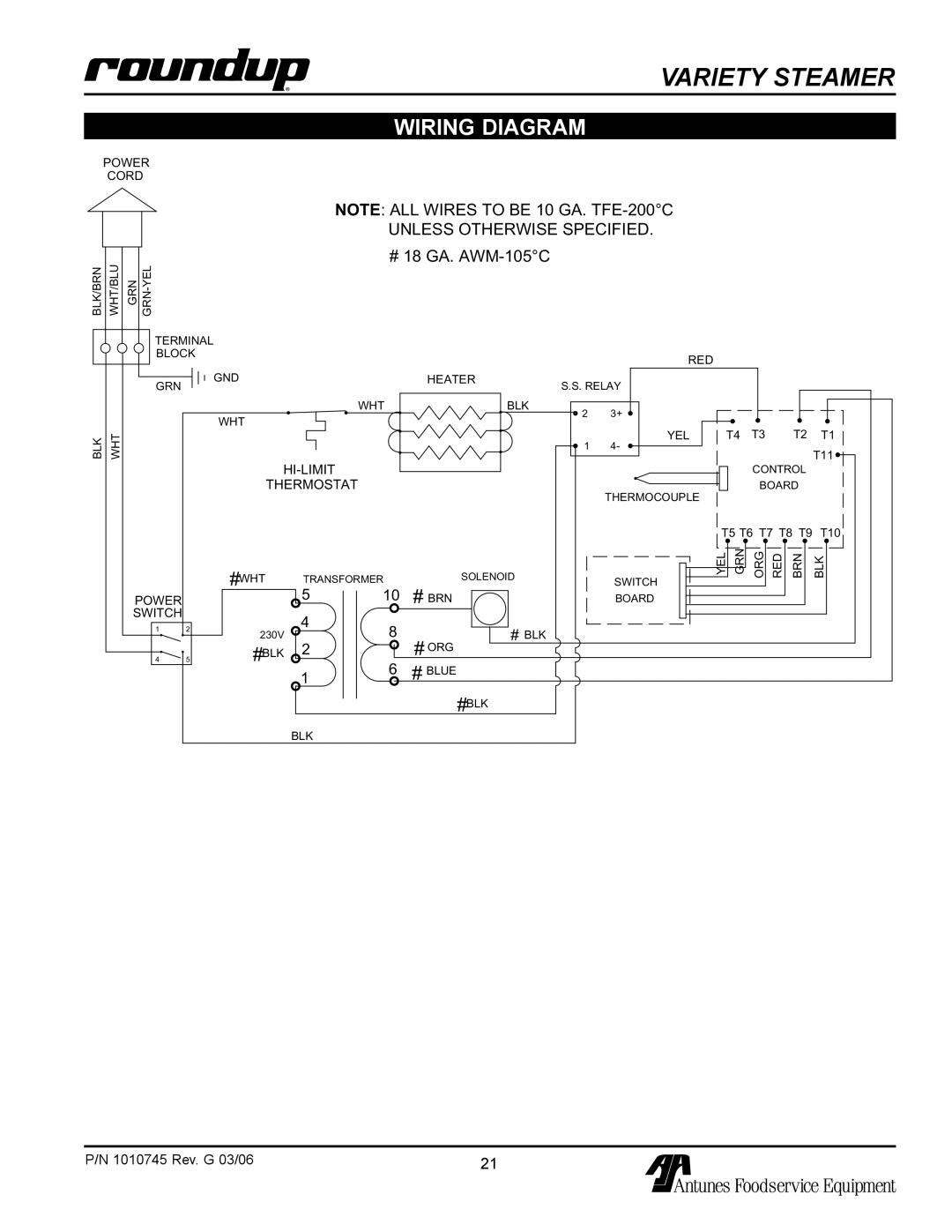 Antunes, AJ VS-350 Wiring Diagram, Variety Steamer, NOTE ALL WIRES TO BE 10 GA. TFE-200C, Unless Otherwise Specified 