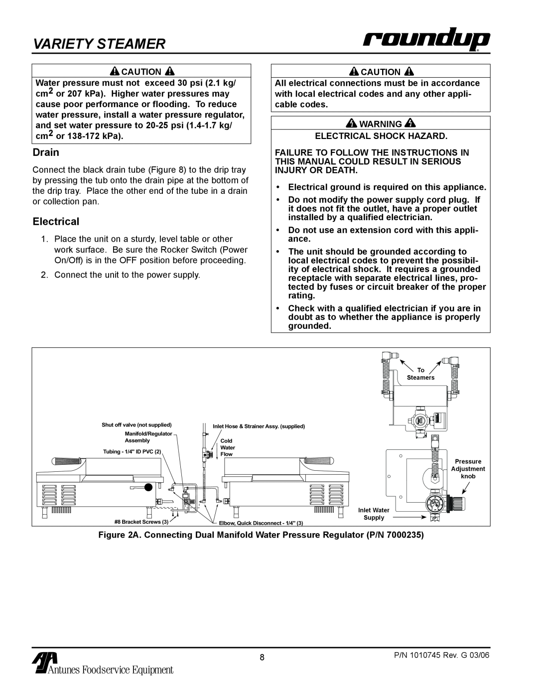 Antunes, AJ VS-350 owner manual Variety STeamer, Drain, Electrical 