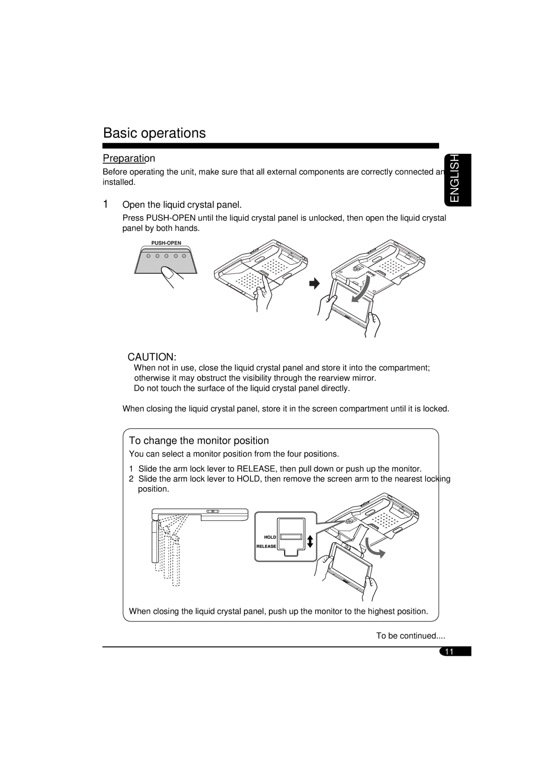 ANUBIS KV-MRD900 manual Basic operations, Preparation, To change the monitor position, Open the liquid crystal panel 