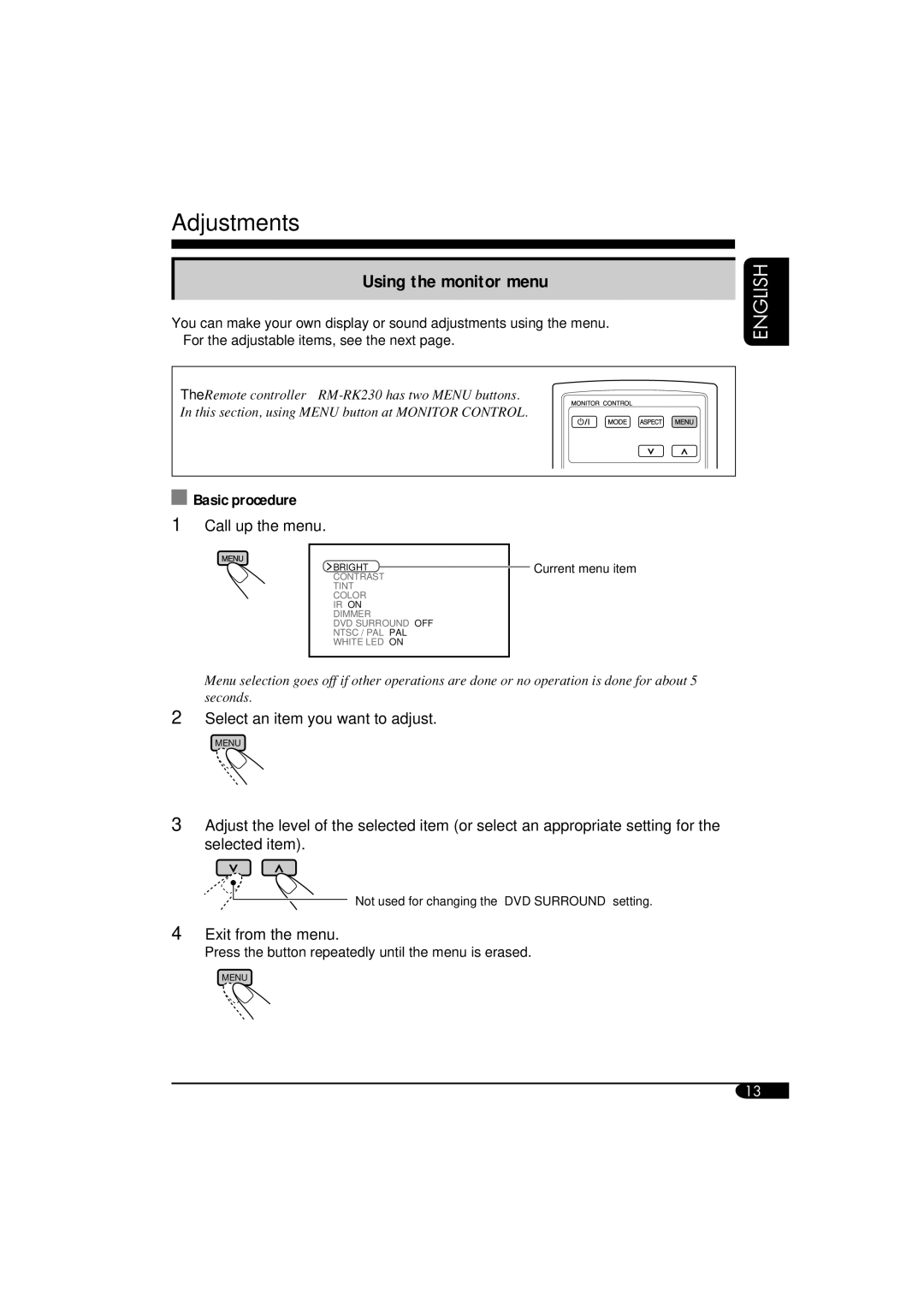 ANUBIS KV-MRD900 manual Adjustments, Using the monitor menu, Basic procedure 