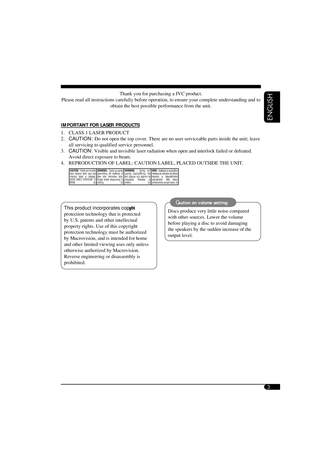 ANUBIS KV-MRD900 manual Important for Laser Products 