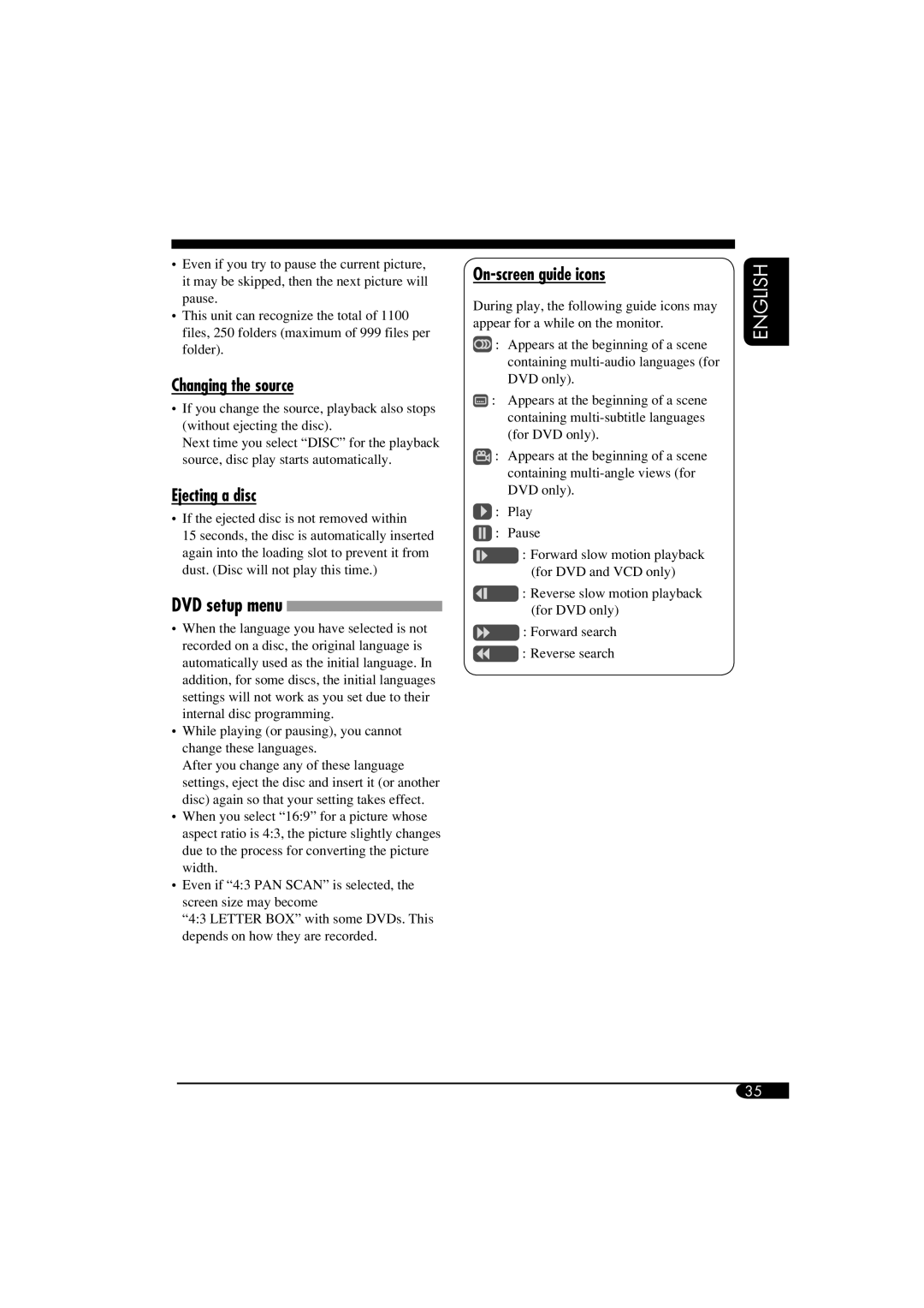 ANUBIS KV-MRD900 manual Changing the source, Ejecting a disc, DVD setup menu, On-screen guide icons 