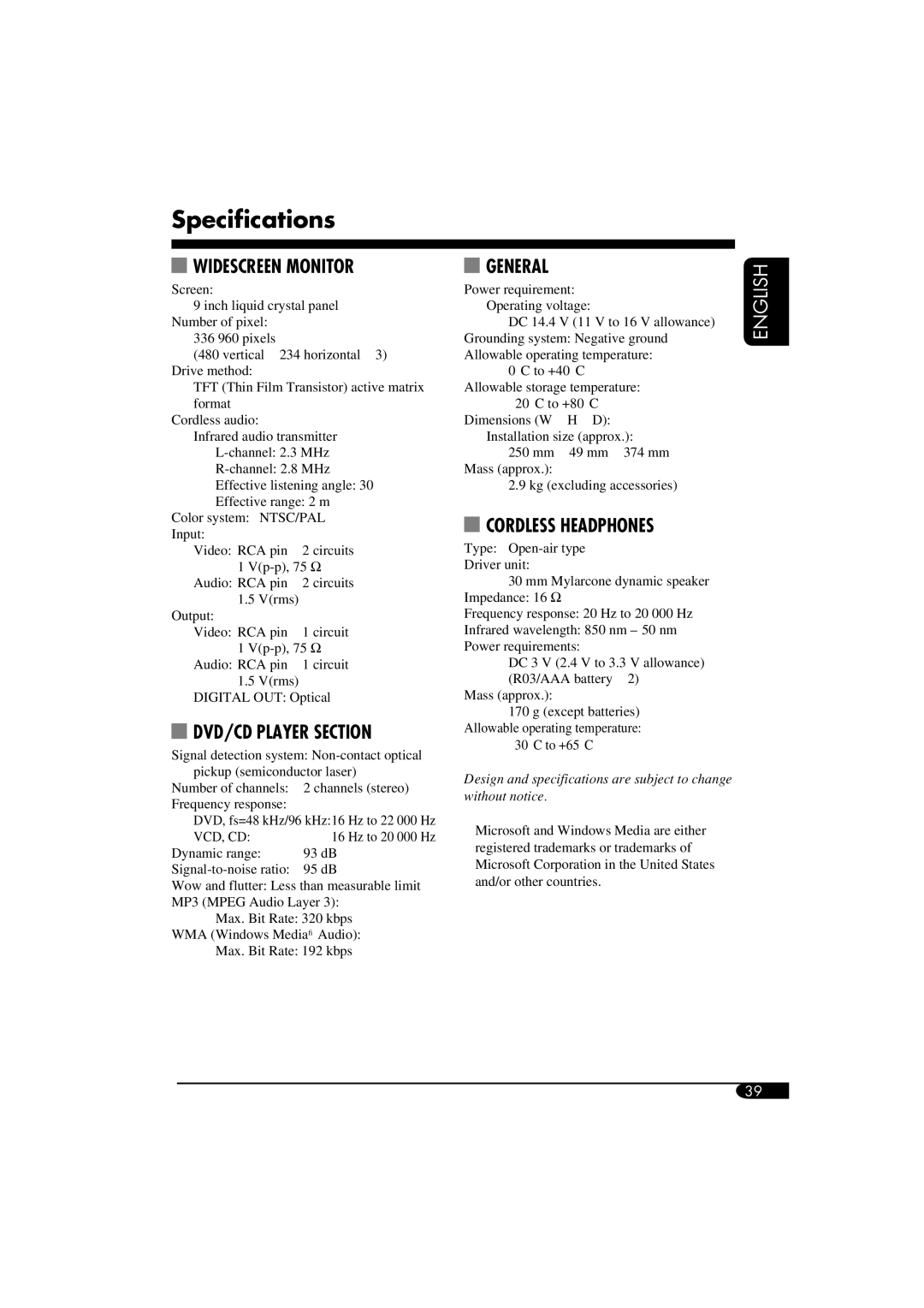 ANUBIS KV-MRD900 manual Specifications, Widescreen Monitor 