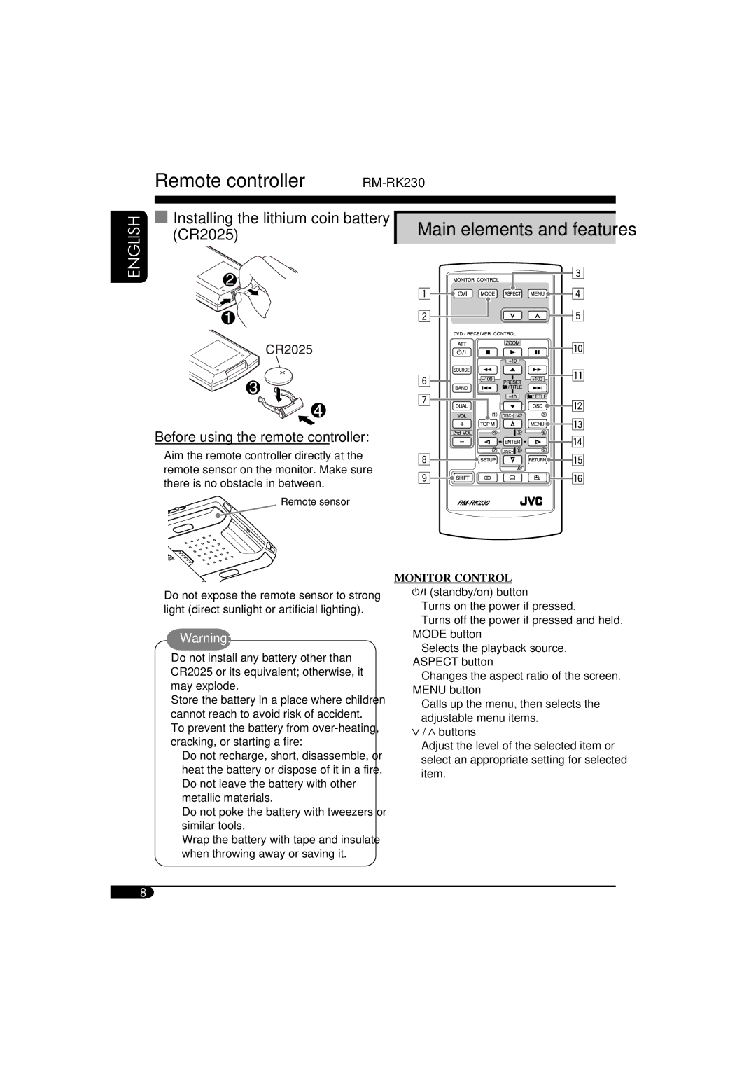 ANUBIS KV-MRD900 manual Remote controller RM-RK230, Installing the lithium coin battery, CR2025, Main elements and features 