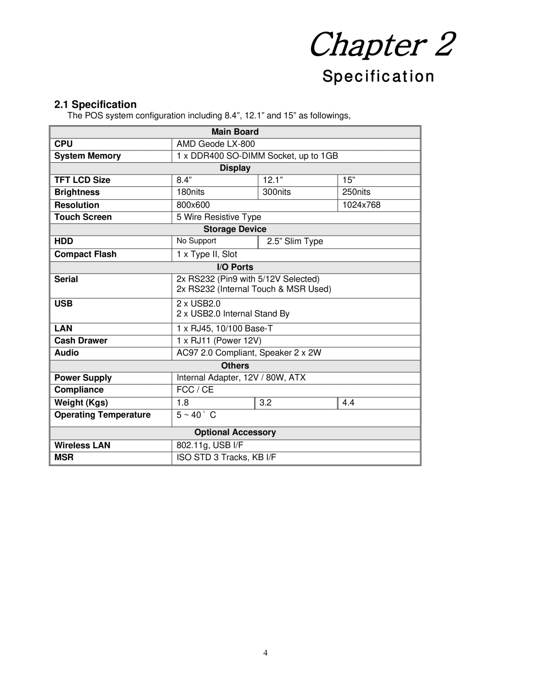 ANUBIS POS50 manual Specification 