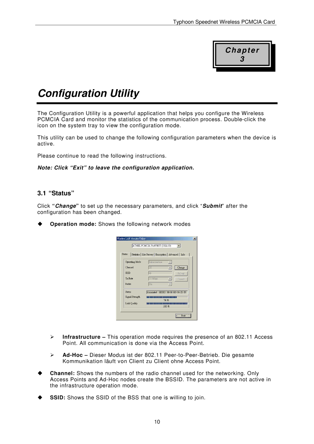 ANUBIS SPEEDNET WIRELESS PCMCIA CARD instruction manual Configuration Utility, Status 