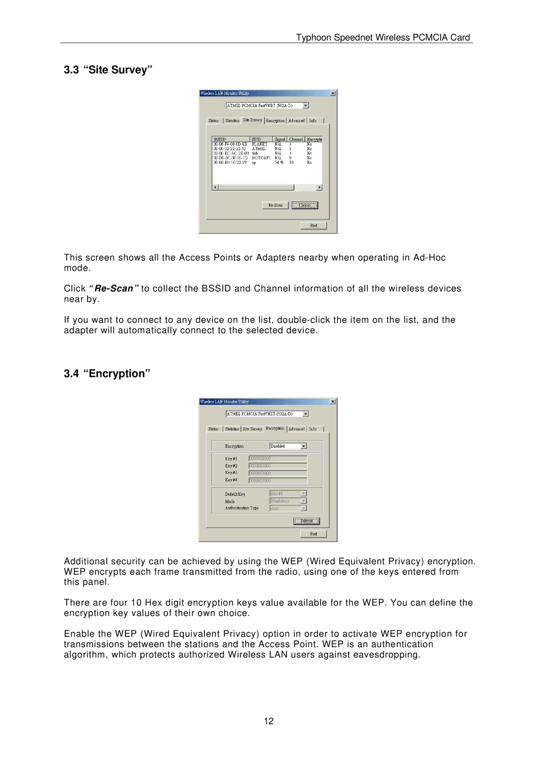 ANUBIS SPEEDNET WIRELESS PCMCIA CARD instruction manual Site Survey, Encryption 