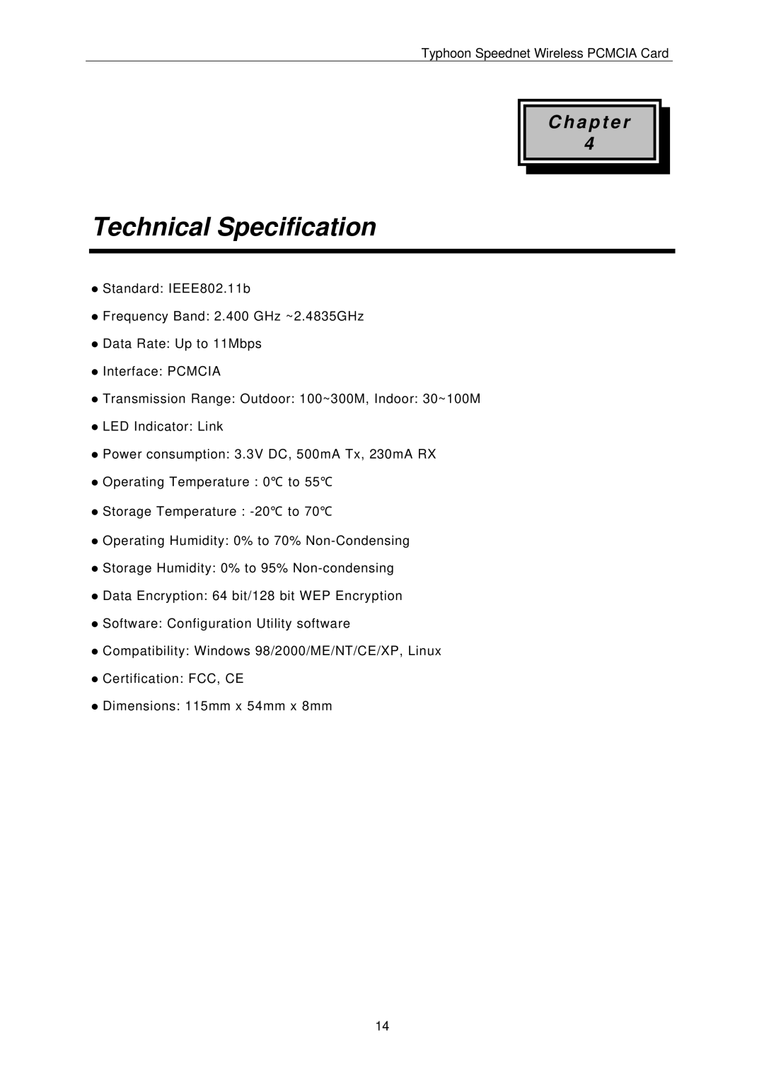 ANUBIS SPEEDNET WIRELESS PCMCIA CARD instruction manual Technical Specification 