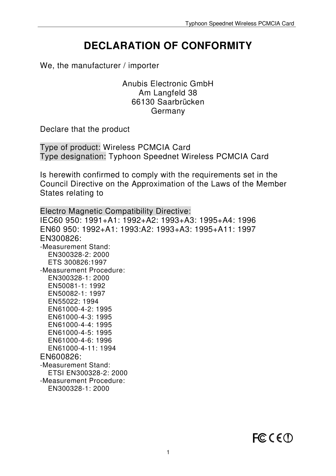 ANUBIS SPEEDNET WIRELESS PCMCIA CARD instruction manual Declaration of Conformity 