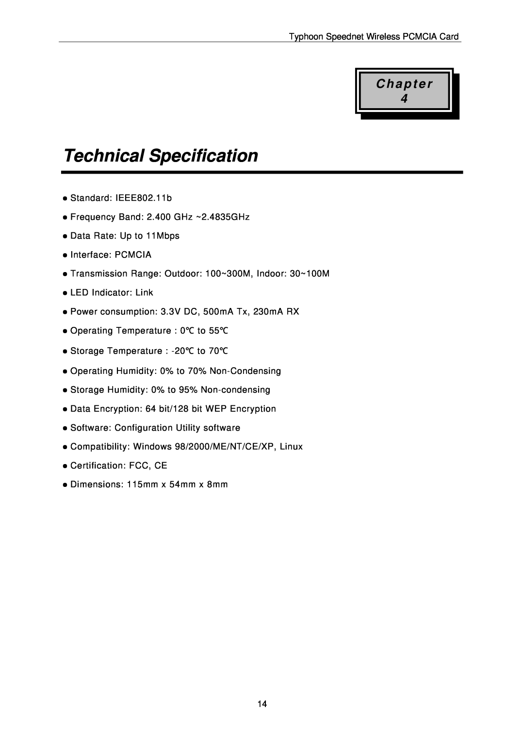ANUBIS SPEEDNET WIRELESS PCMCIA CARD instruction manual Technical Specification, C h a p t e r 