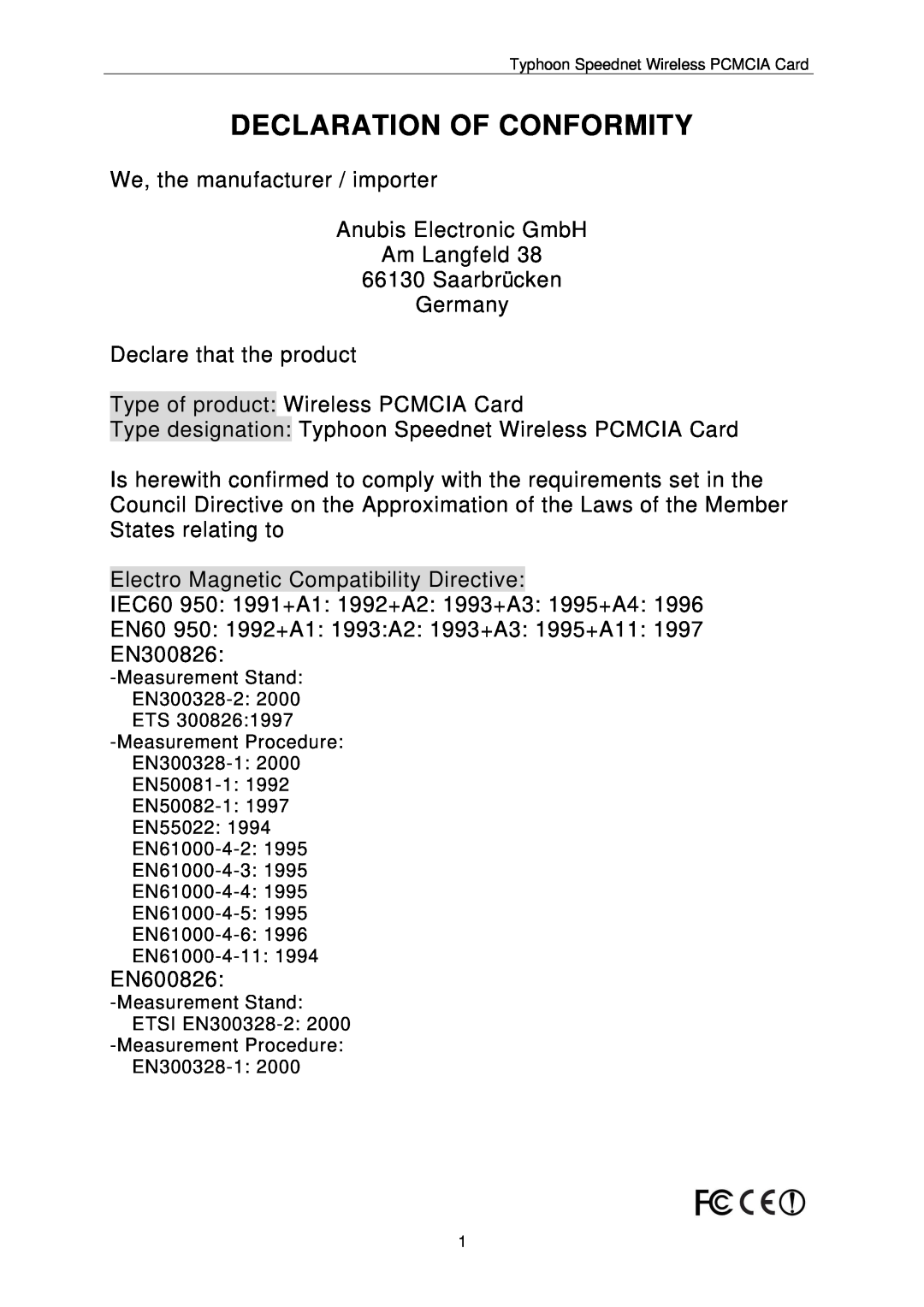 ANUBIS SPEEDNET WIRELESS PCMCIA CARD instruction manual Declaration Of Conformity 