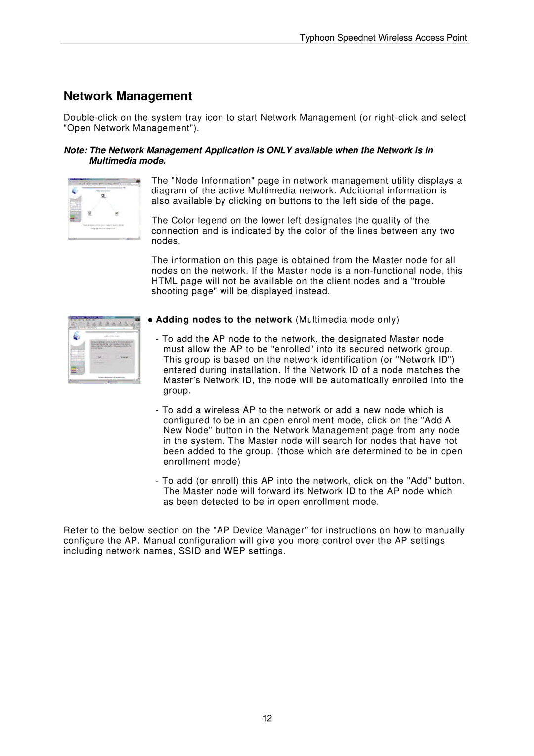 ANUBIS Wireless Access Point instruction manual Network Management, Adding nodes to the network Multimedia mode only 