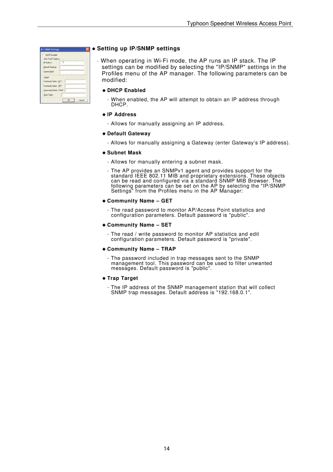 ANUBIS Wireless Access Point instruction manual Setting up IP/SNMP settings, Subnet Mask 