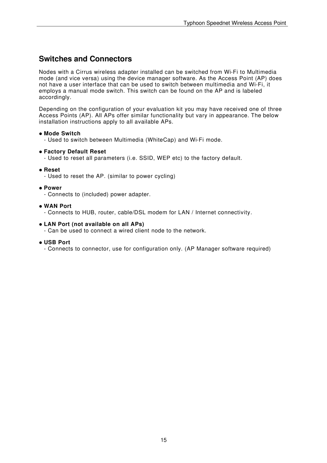 ANUBIS Wireless Access Point instruction manual Switches and Connectors 