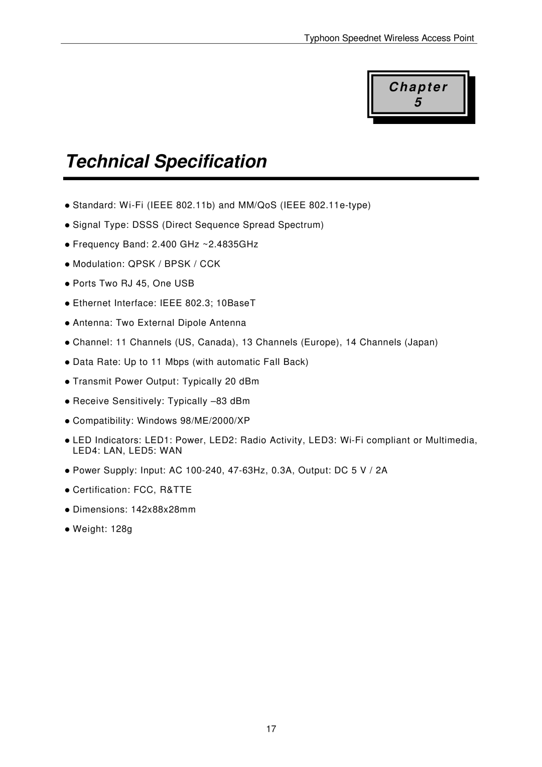 ANUBIS Wireless Access Point instruction manual Technical Specification, LED4 LAN, LED5 WAN 