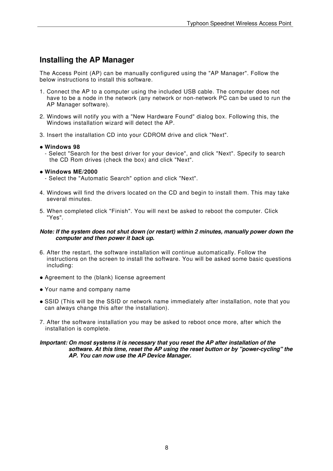 ANUBIS Wireless Access Point instruction manual Installing the AP Manager, Windows ME/2000 