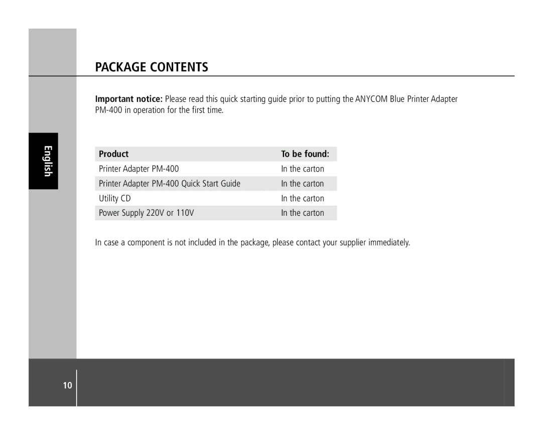 Anycom PM-400 quick start Package Contents 