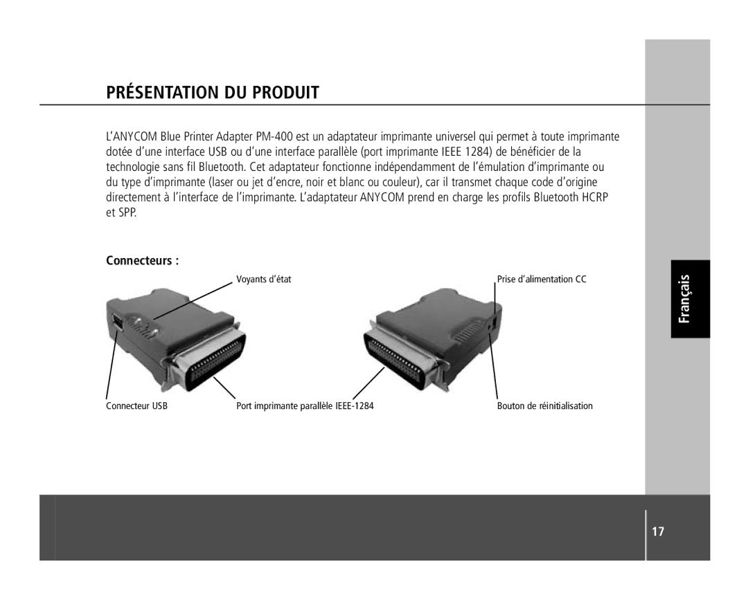 Anycom PM-400 quick start Présentation DU Produit, Connecteurs 