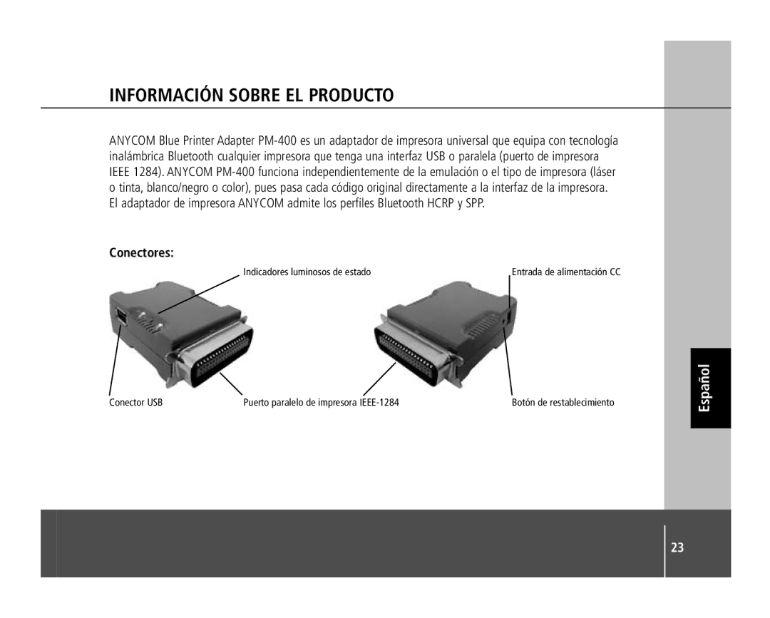 Anycom PM-400 quick start Información Sobre EL Producto, Conectores 