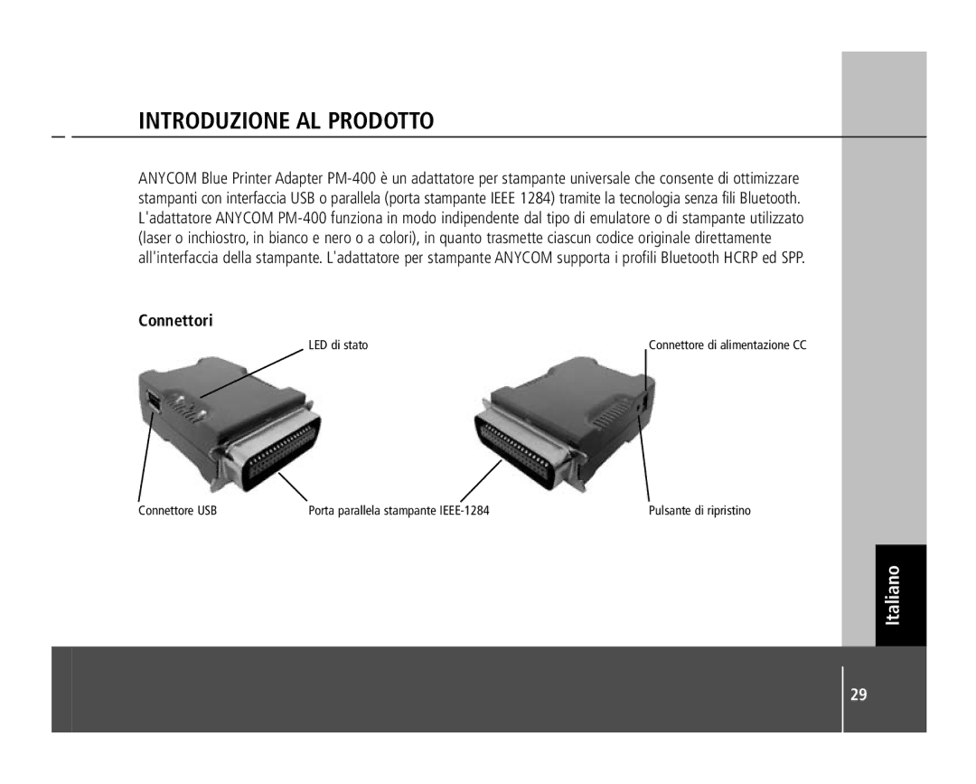 Anycom PM-400 quick start Introduzione AL Prodotto, Connettori 