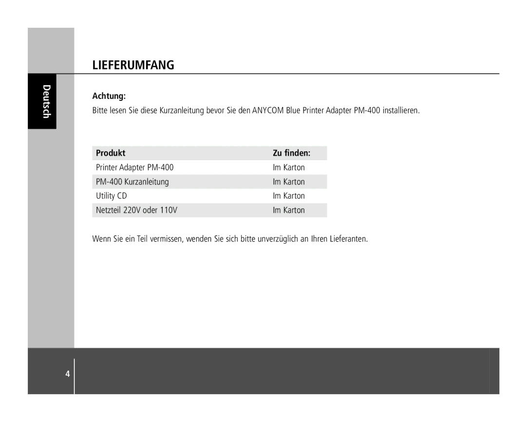 Anycom PM-400 quick start Lieferumfang, Achtung, Produkt Zu finden 