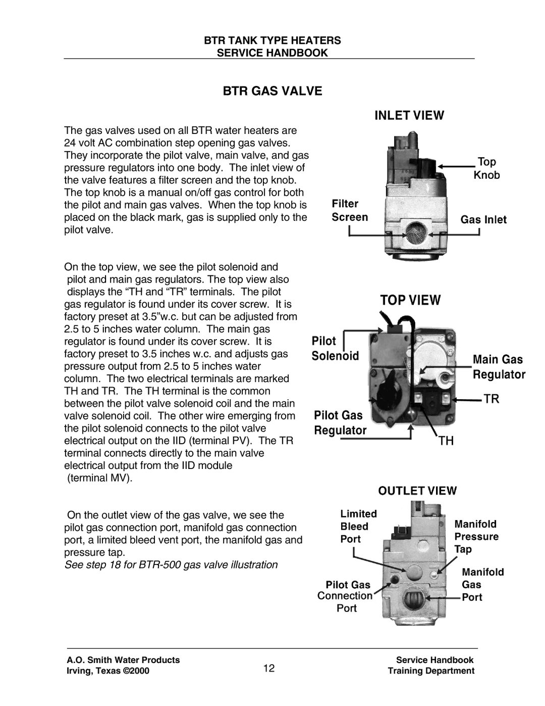 A.O. Smith 120 trough 500 manual BTR GAS Valve 