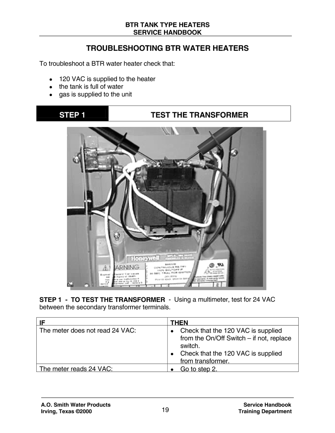 A.O. Smith 120 trough 500 manual Troubleshooting BTR Water Heaters, Step Test the Transformer, Then 