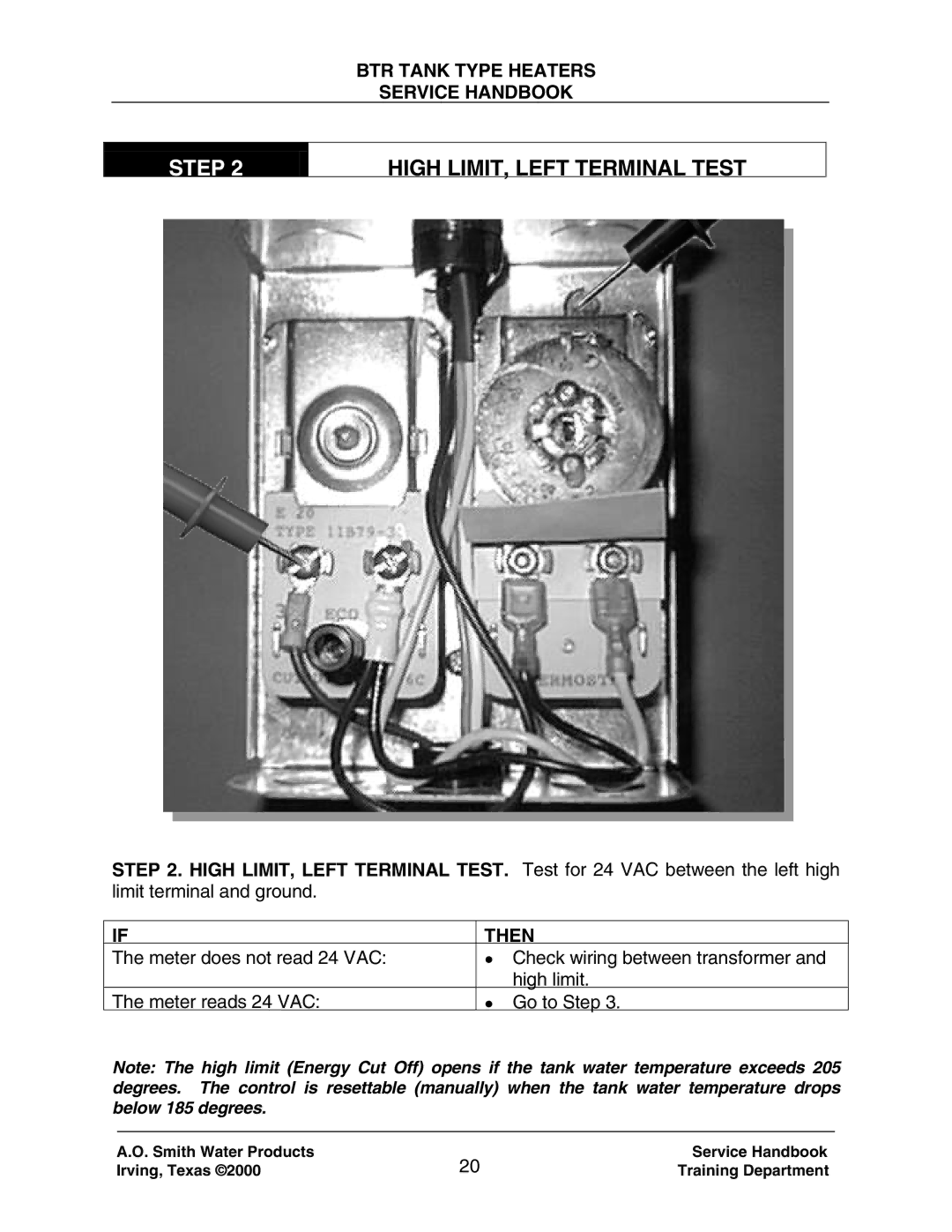 A.O. Smith 120 trough 500 manual Step High LIMIT, Left Terminal Test 