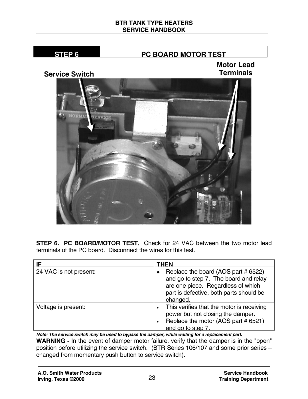 A.O. Smith 120 trough 500 manual Step, PC Board Motor Test, Service Switch 