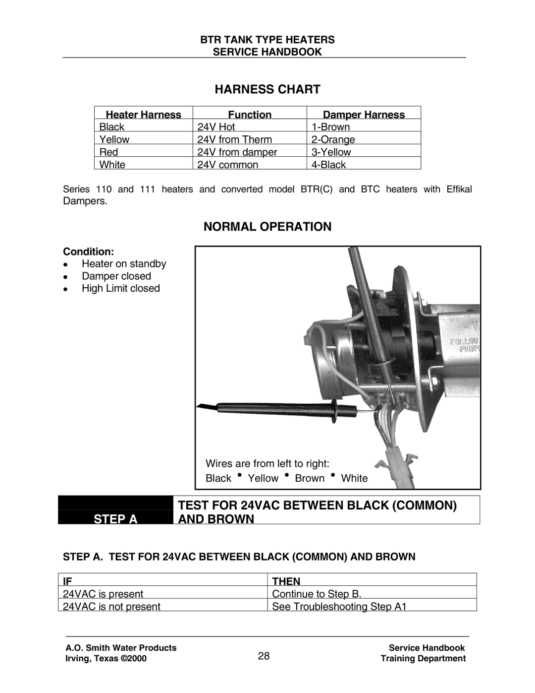 A.O. Smith 120 trough 500 manual Harness Chart, Normal Operation, Step a, Test for 24VAC Between Black Common, Brown 